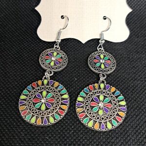 Silver Tone Colorful Double Circle Boho Drop Earrings- NWOT